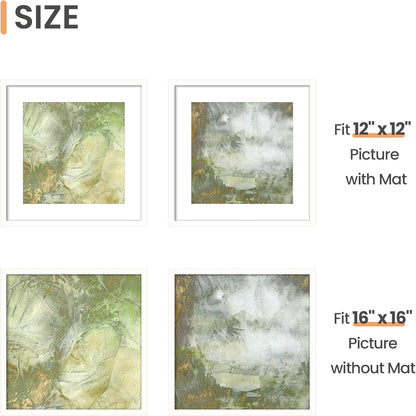 16X16 Picture Frame, Display Pictures 12X12 with Mat or 16X16 without Mat, Wall Hanging Poster Frame, White, 1 Pack