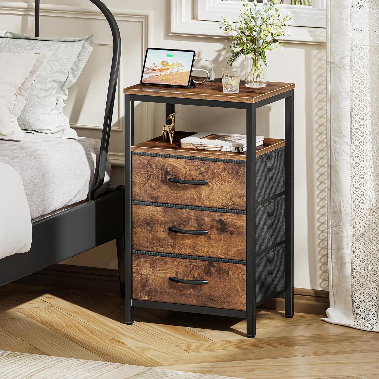 Rustic Brown Nightstand with Integrated Charging Station, 27.6 Inch Bedside Table Featuring Fabric Drawers, USB Ports, and Outlets for Bedroom Use