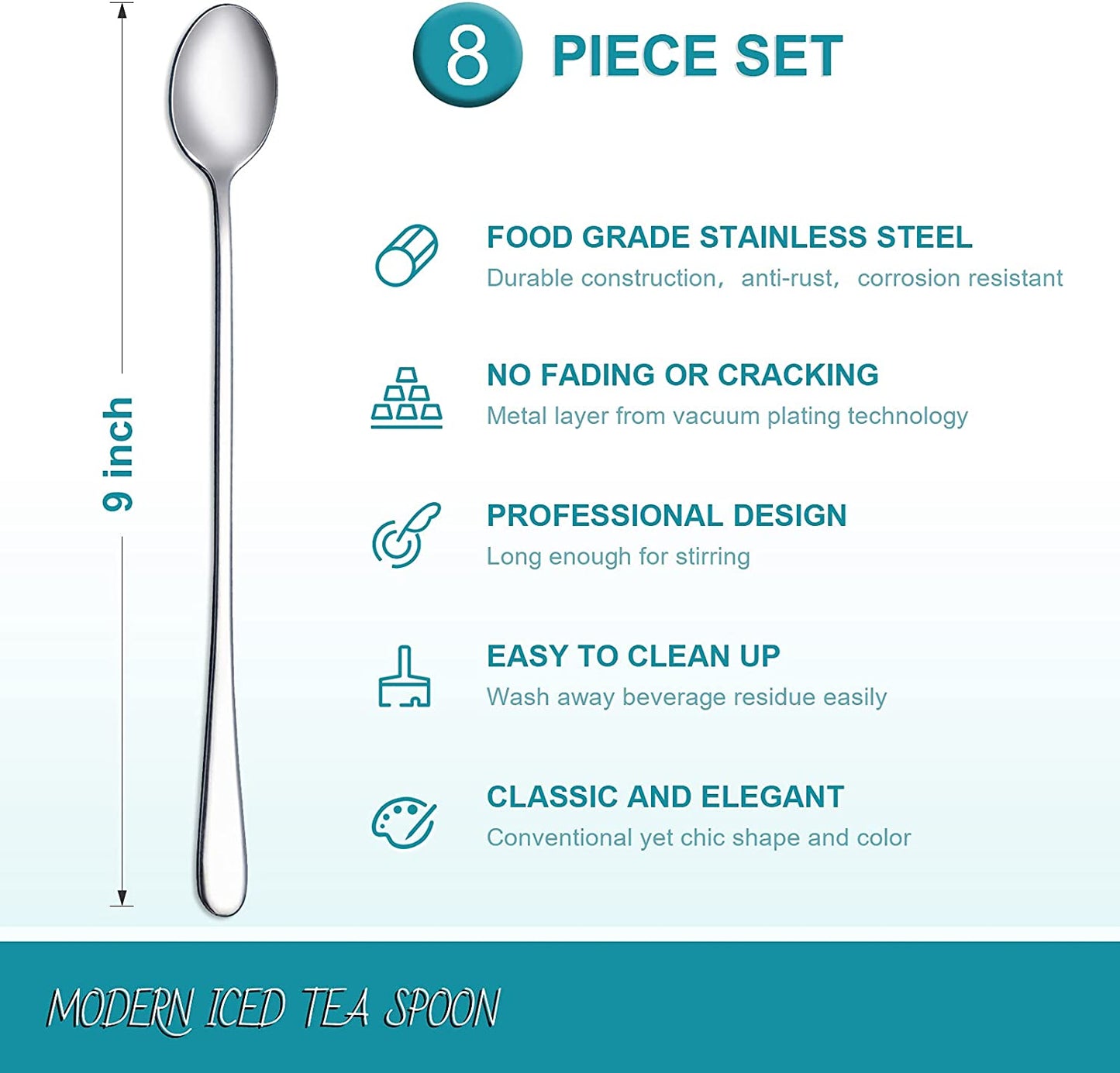 8-Piece 9-Inch Long Handle Iced Tea Spoon, Coffee Spoon, Ice Cream Spoons, Stainless Steel Cocktail Stirring Spoons