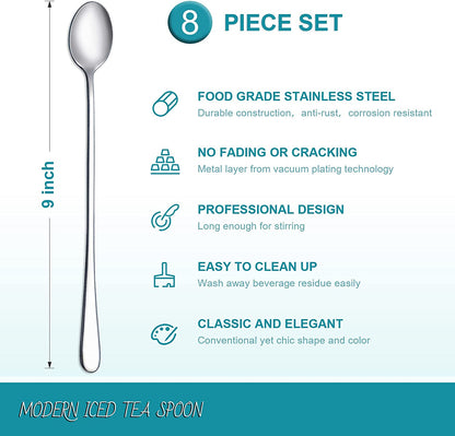 8-Piece 9-Inch Long Handle Iced Tea Spoon, Coffee Spoon, Ice Cream Spoons, Stainless Steel Cocktail Stirring Spoons
