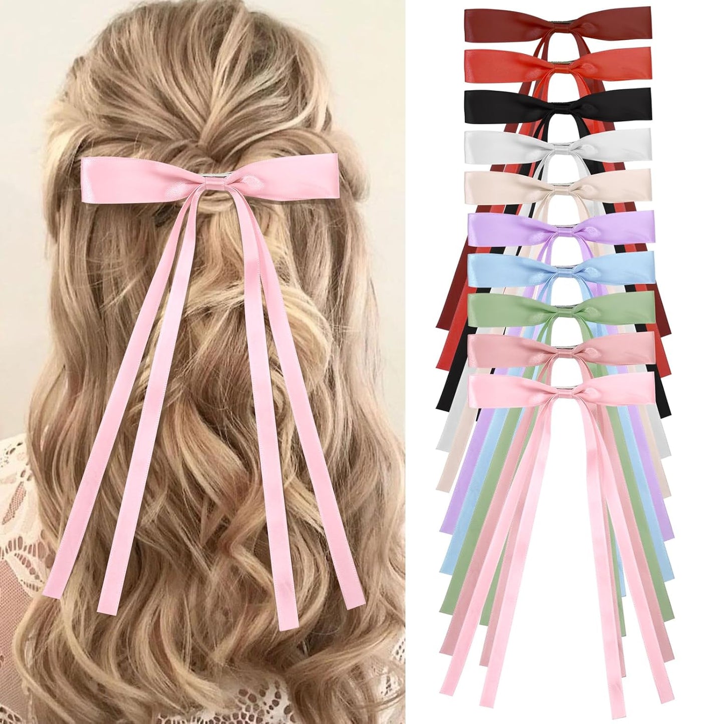 Hair Bows for Women,10 PCS Large Bow Hair Clips Tassel Ribbon Bowknot with Long Tail,Ribbon Hair Bows Barrettes for Thick Thin Hair,Nonslip Hair Accessories Christmas Birthday Gifts