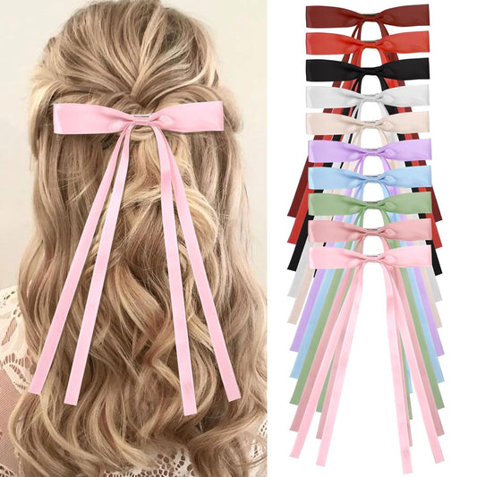 Hair Bows for Women,10 PCS Large Bow Hair Clips Tassel Ribbon Bowknot with Long Tail,Ribbon Hair Bows Barrettes for Thick Thin Hair,Nonslip Hair Accessories Christmas Birthday Gifts