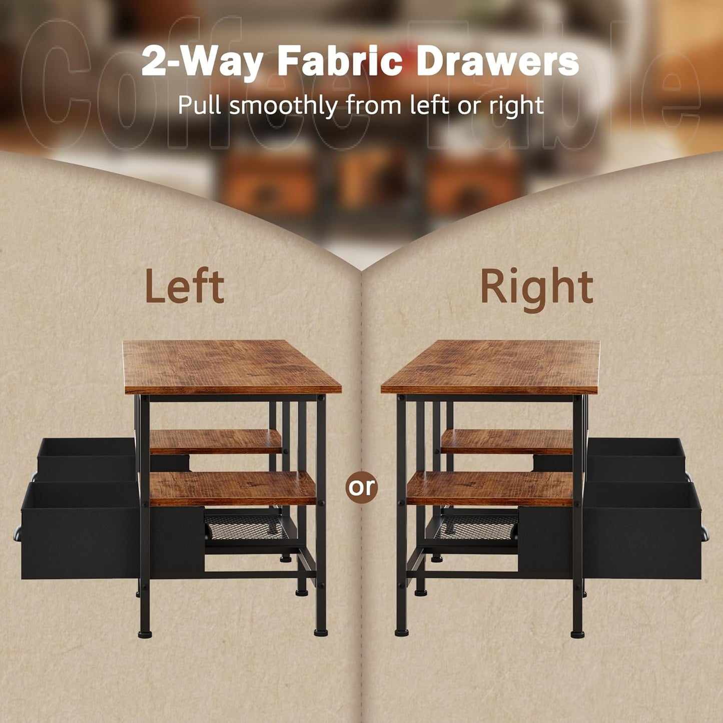 35" Coffee Table with 2 Storage Drawers, Small Coffee Tables for Living Room, Industrial Center Table with 2 Tier Storage Shelf, Rustic Brown