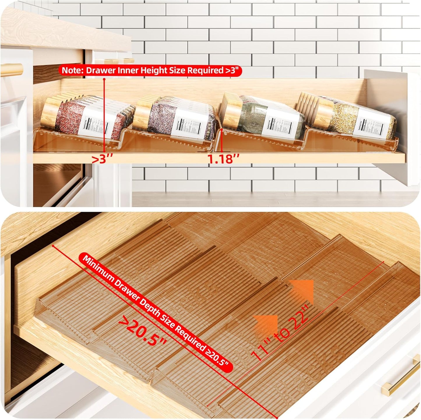 Spice Drawer Organizer, 2 Tier- 2 Pack Amber Acrylic Drawer Seasoning Organizer, Expandable from 11'' to 22'' Kitchen Spice Rack Organizers and Storage for Drawer (Jars Not Included)