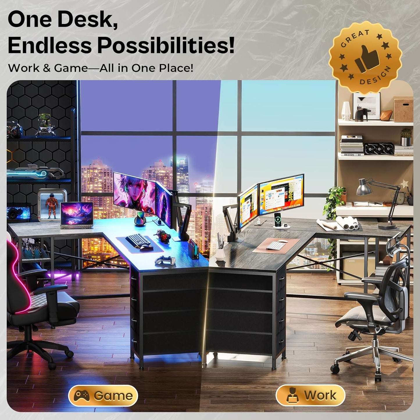 63-Inch L-Shaped Desk with Fabric Drawers, Reversible Computer Gaming Desk Featuring Power Outlets and USB-C Port, Adjustable Side Storage Shelves for Home Office and Study Corner, Grey