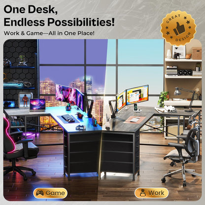 63-Inch L-Shaped Desk with Fabric Drawers, Reversible Computer Gaming Desk Featuring Power Outlets and USB-C Port, Adjustable Side Storage Shelves for Home Office and Study Corner, Grey
