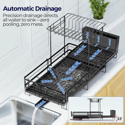 2 Tier Large Dish Drying Rack - Extendable Dish Rack for Kitchen Counter, Multifunctional Dish Drainer with Drainboard Set, Dishrack with Utensil Holder & Cup Holder, 13.4"-28.7" L X 11.8" W