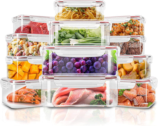 Plastic Food Storage Container Set with Airtight Lids - 24 Pieces (12 Containers & 12 Snap Lids)- Reusable & Leftover Lunch Boxes - Leak Proof & Microwave Safe