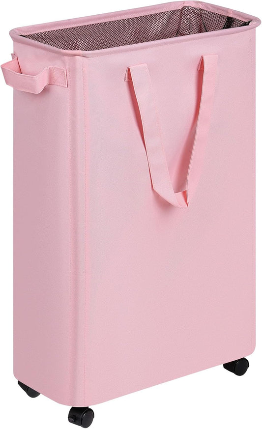 Slim Laundry Hamper with Wheels, Rolling Laundry Basket for Clothes, Small Laundry Basket for Bedroom, Dorm and Laundry Room, 60L (12.7 Gallons) Pink