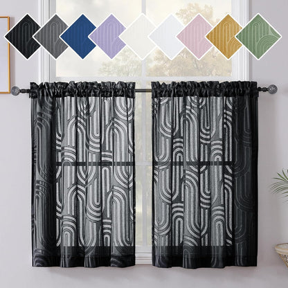 Sheer Black Curtains Kitchen 36 Inch Length 2 Panels Set for Window, Soft Airy Geometric Jacquard Semi Sheer Curtains for Bathroom, Modern Rod Pocket Window Curtains, 42Wx36L Inches