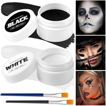 Black + White Face Body Paint Set 3.5Oz/100G, Non-Toxic Professional Facepaint Makeup Kit with 2 Brushes for Kids & Adults Art Theater Halloween Party Cosplay Clown Corpse Goth SFX Makeup