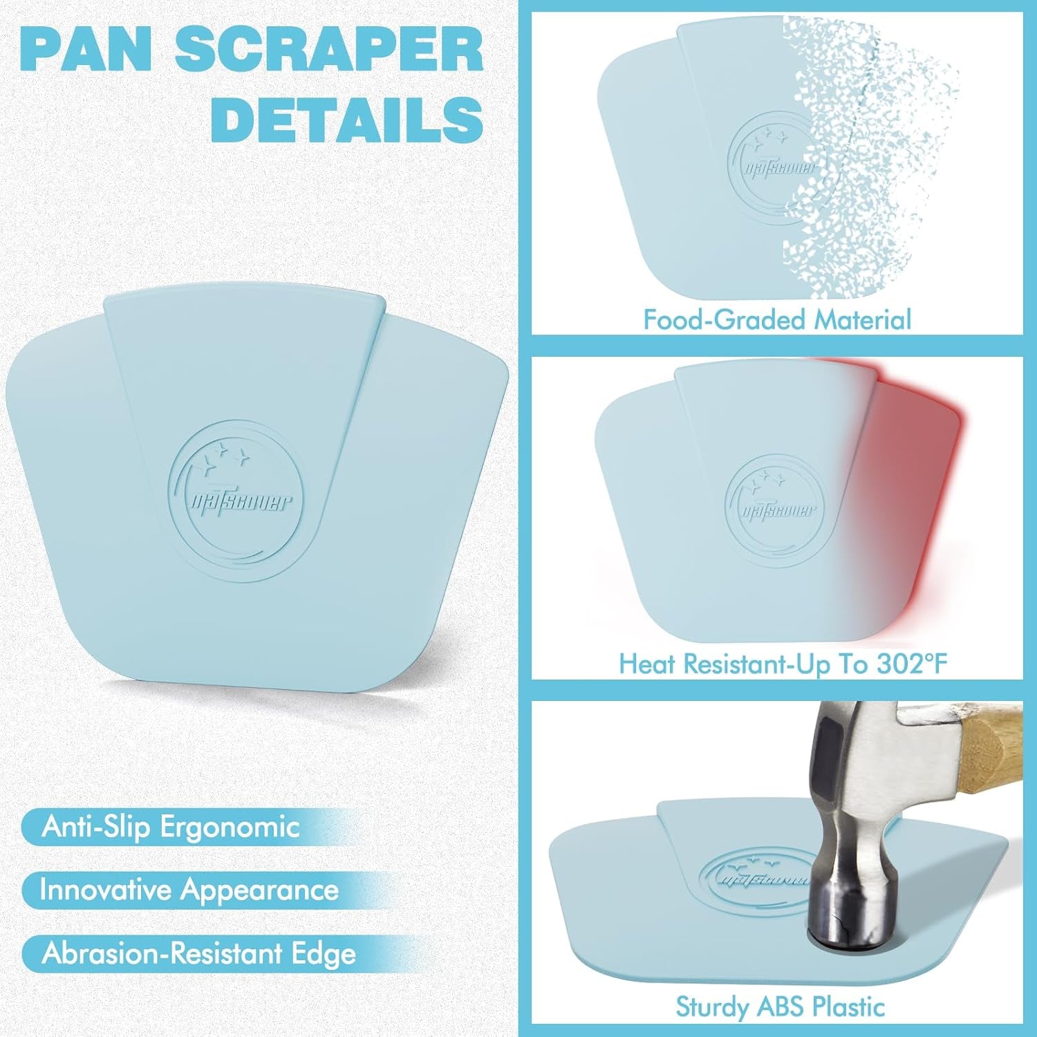 Pan Scraper Dish Scraper Tool - Pot Scraper Plastic for Cast Iron Skillet Cookware Cleaning, 6 Pcs Non Scratch Plastic Food Scraper Tool Kitchen, Heat Resistant Kitchen Scraper, Blue