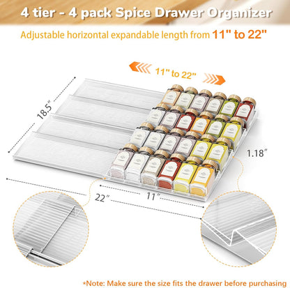 2-Tier Spice Drawer Organizer 4 Pack, Expandable from 11" to 22" Clear Acrylic Spice Rack for Drawer, Kitchen Spice Organization, Seasoning Organizer Holds up to 48 Jars(Jars Not Included)