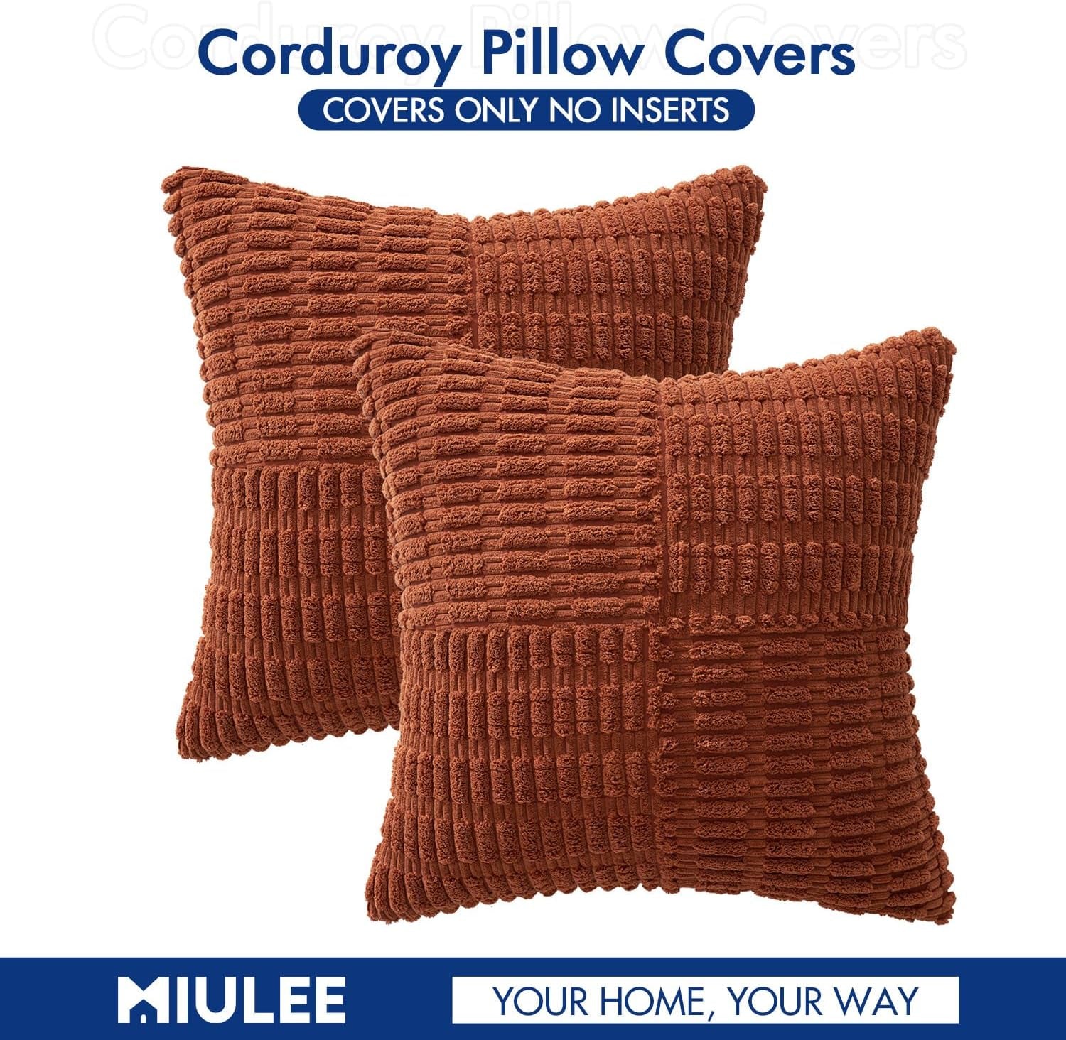 Fall Set of 2 Dark Rust Decorative Pillow Covers 18X18 Inch Textured Striped Patchwork Accents Farmhouse Boho Soft Corduroy Couch Pillows for Sofa Living Room Bed Home Decor