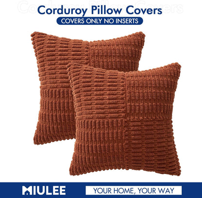 Fall Set of 2 Dark Rust Decorative Pillow Covers 18X18 Inch Textured Striped Patchwork Accents Farmhouse Boho Soft Corduroy Couch Pillows for Sofa Living Room Bed Home Decor