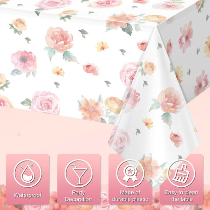3 Pcs Spring Floral Tablecloth, Pink Wildflower Plastic Disposable Tablecloth Rectangle Table Covers for Easter, Birthday, Wedding, Baby Shower, Tea Party and Mothers Day Decorations,54 X 108 Inch