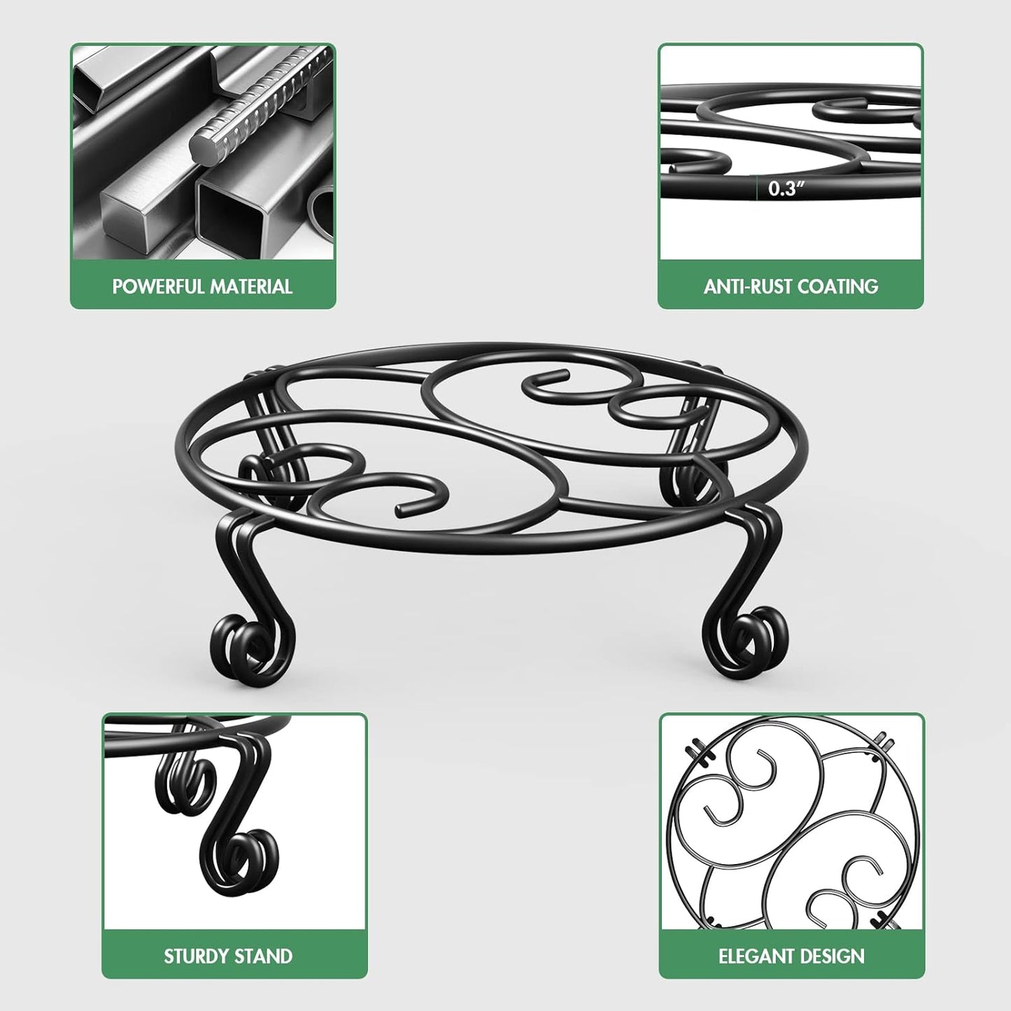 2 Pack Plant Stand for Flower Pot Heavy Duty Potted Holder Indoor Outdoor Metal Rustproof Iron Garden Container round Supports Rack for Planter (11.8Inches, Black)