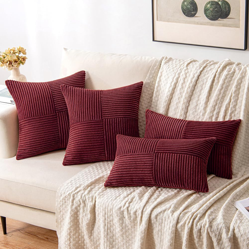 Christmas Burgundy Corduroy Pillow Covers Pack of 2 Boho Decorative Spliced Throw Pillow Covers Soft Solid Couch Pillowcases Cross Patchwork Cushion Covers for Living Room Bed Sofa 18X18 Inch