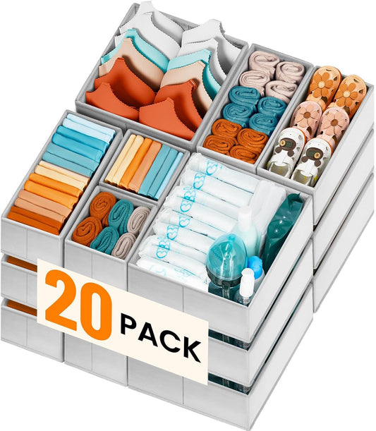 20 Pack Drawer Organizer Bins - Grey Fabric Closet Organization and Storage Dividers for Baby Clothes, Adult Socks, Underwear, Bra, Etc.