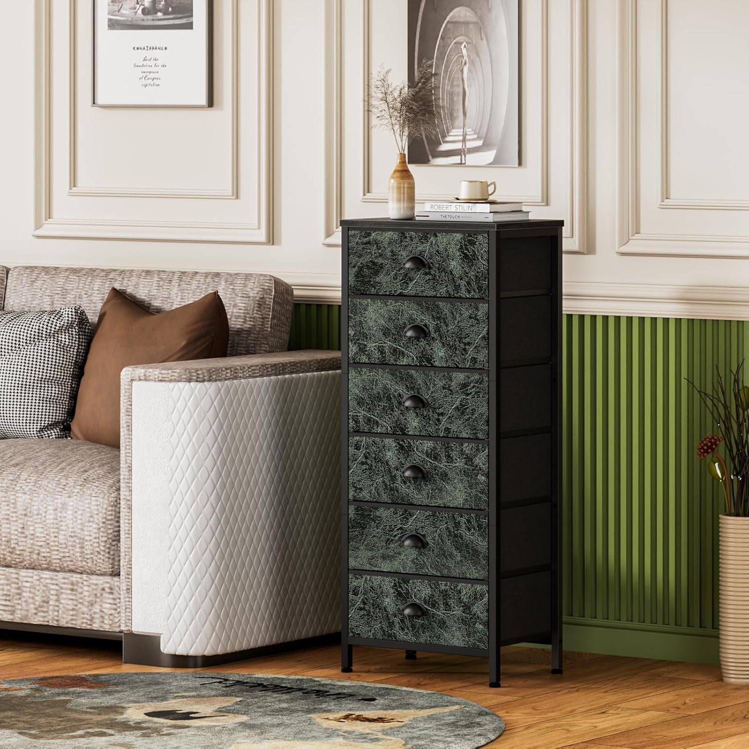 Vertical Dresser with 6 Drawers - Vintage Green Storage Tower Unit for Bedroom, Living Room, and Entryway