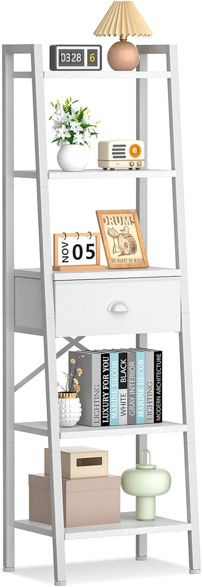 5 Tier Bookshelf, Ladder Shelf with Drawer, Tall and Narrow Bookcase, Storage Shelves Organizer,Industrial Display Standing Units for Bathroom,Kitchen,Bedroom,Living Room,White