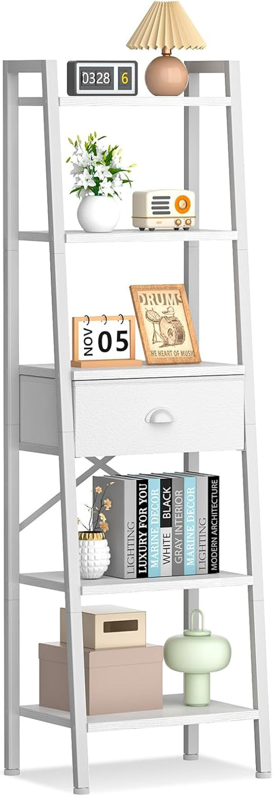 5 Tier Bookshelf, Ladder Shelf with Drawer, Tall and Narrow Bookcase, Storage Shelves Organizer,Industrial Display Standing Units for Bathroom,Kitchen,Bedroom,Living Room,White