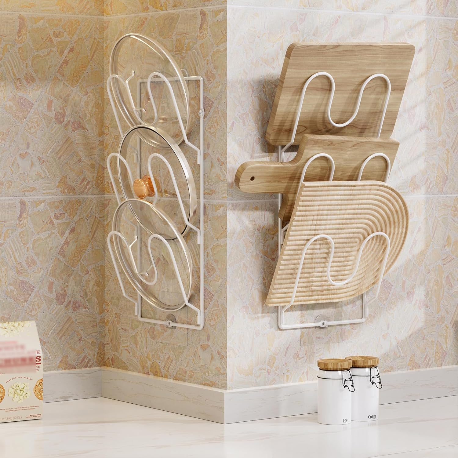 2 Pack Pot Lid Organizer Rack for Cabinet Door/Wall, 6-Tier Pot Lid Holders inside Cabinet Door, No Drilling Adhesive Wall/Door Mounted Rustproof Pots and Pans Lid Organizers for Kitchen Storage White