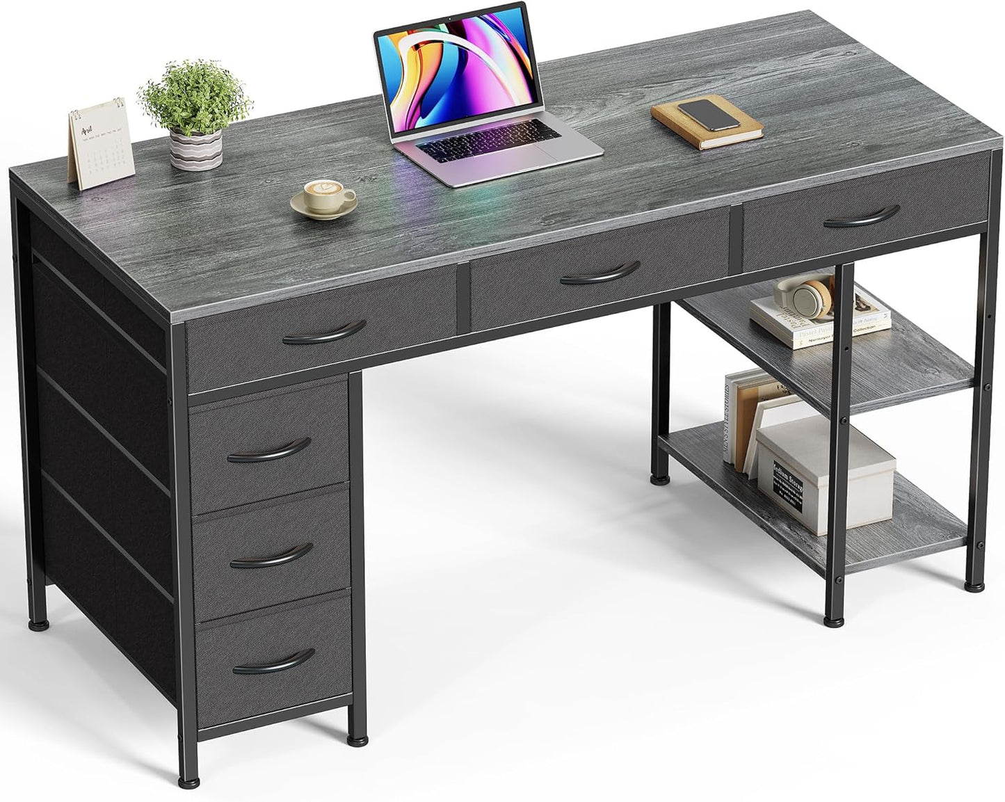 47-Inch Computer Desk with 6 Drawers and Shelves, Reversible Gaming and Corner Desk with Storage for Home Office and Living Room, Gray