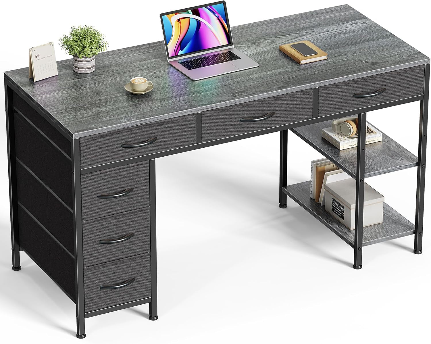 47-Inch Computer Desk with 6 Drawers and Shelves, Reversible Gaming and Corner Desk with Storage for Home Office and Living Room, Gray