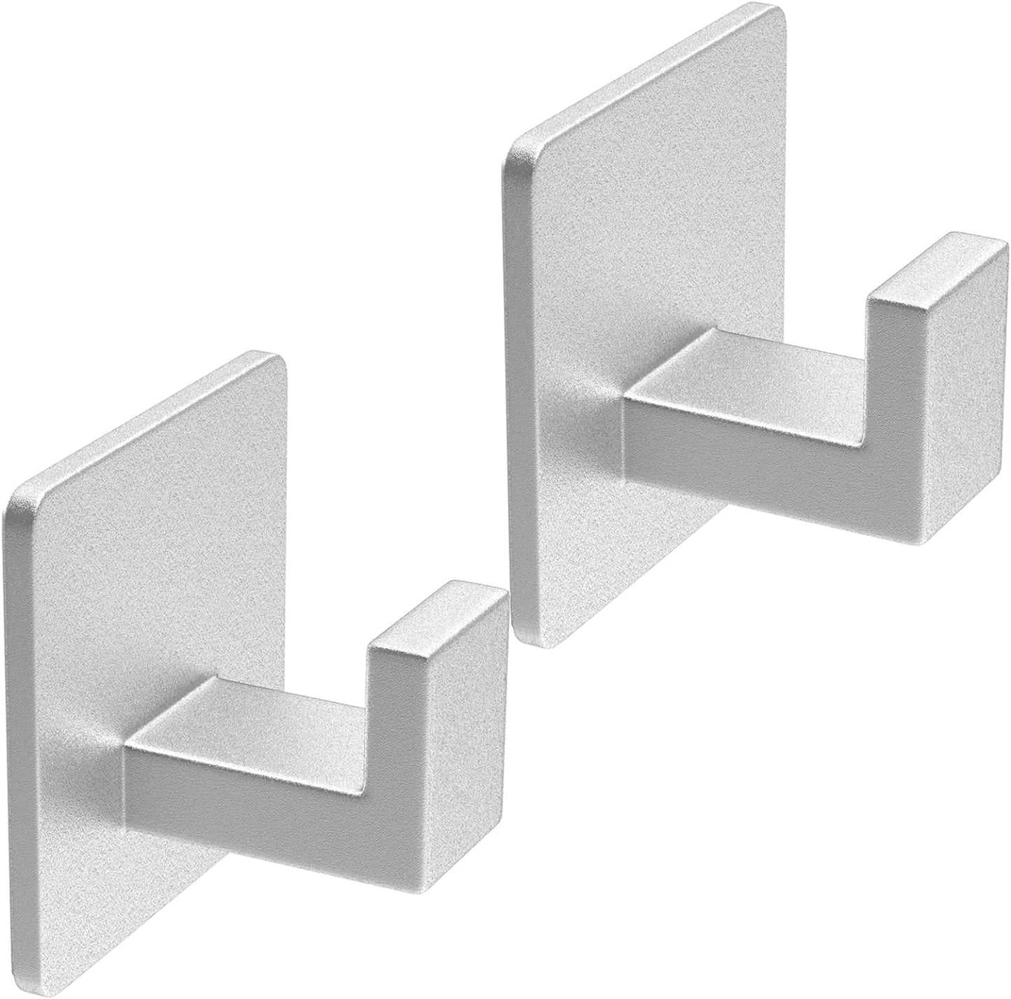 Adhesive Towel Hooks, Heavy Duty Wall Hooks Aluminum Black Hooks for Hanging Coat, Hat, Towel, Robe, Clothes, Shower Hook for Door, Office, Kitchen, Bathroom - 2 Pack (Silver)