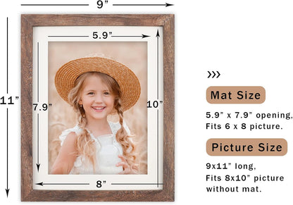 Brown Wood 8x10 Picture Frames with Mat for 6x8 Photos or Without Mat for 8x10 Photos, Distressed Finish, Set of 2 for Wall and Tabletop Display