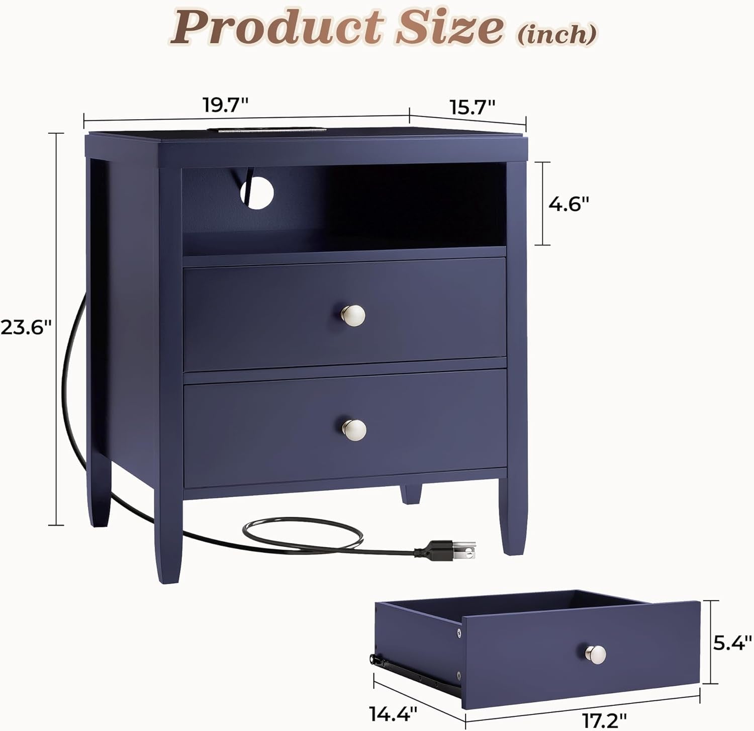 Modern Blue Nightstand with Charging Station and Two Drawers, Stylish Bedside Table for Bedroom Storage with Metal Knobs and Painted Finish