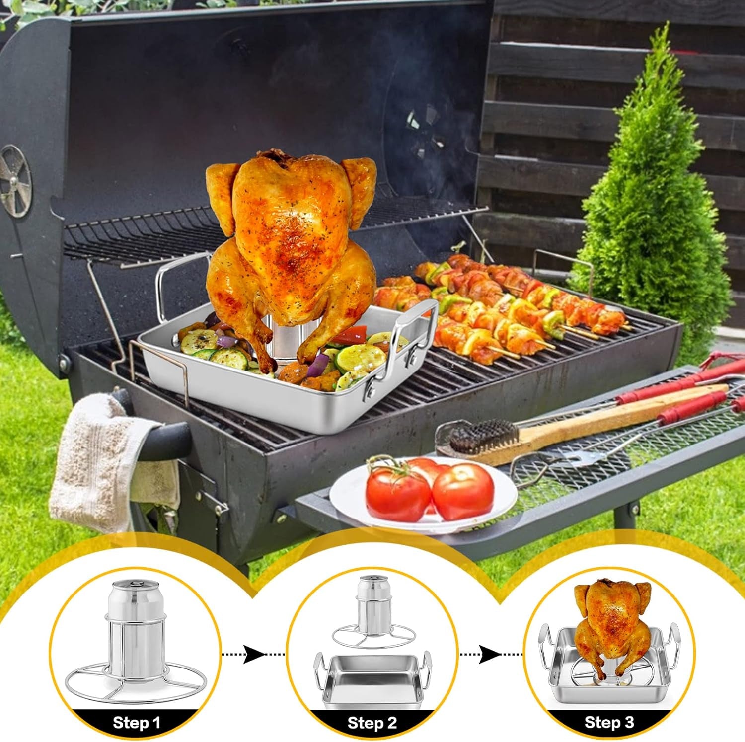Beer Can Chicken Holder with Roasting Pan Set, 9-Inch Stainless Steel Square Baking Pan and Chicken Rack for Grilling, Heavy Duty & Dishwasher Safe, 2Pcs