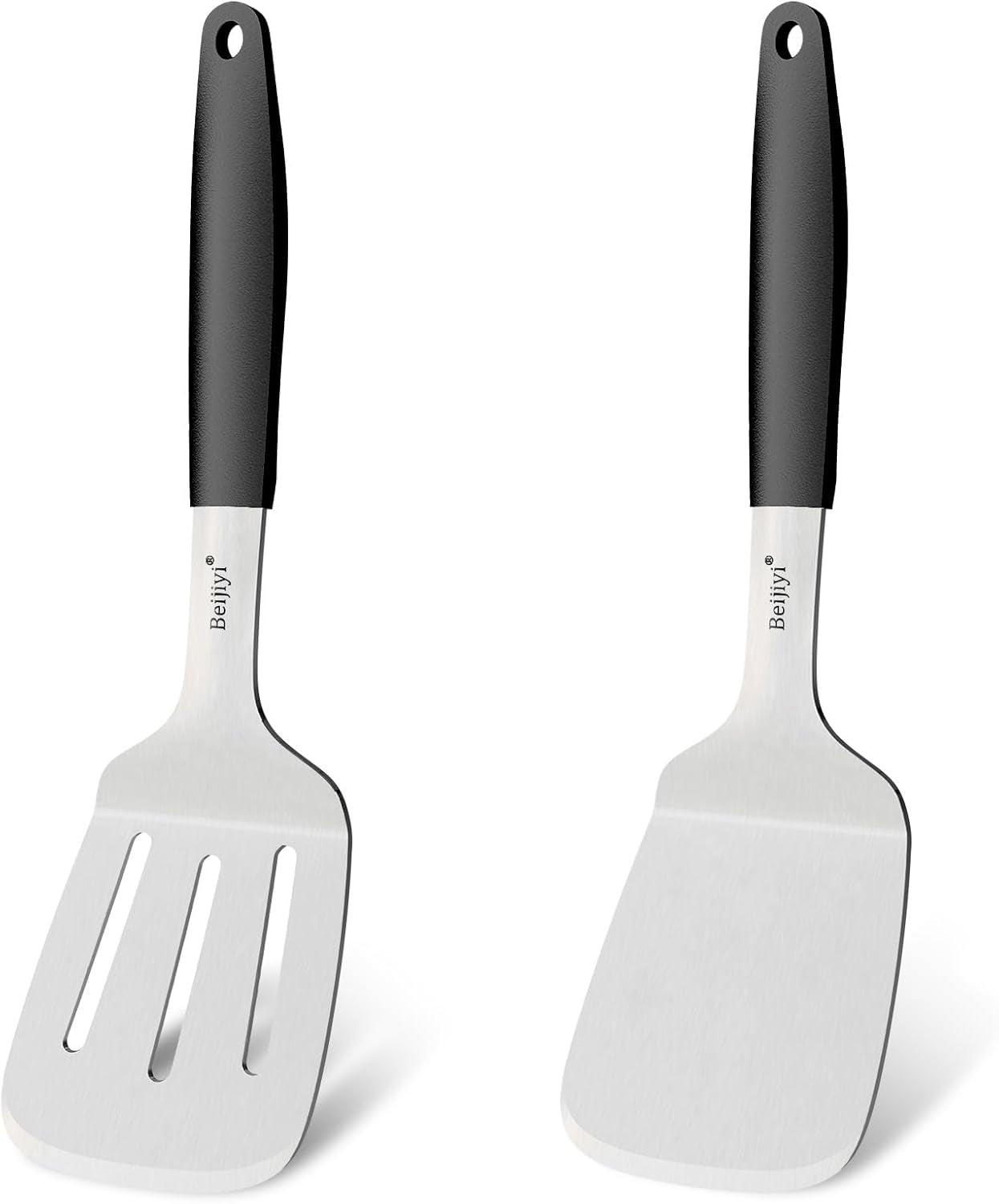 Stainless Steel Spatula Set, 2 Pcs Small Metal Spatula for Cast Iron Skillet, Solid and Slotted Turner Spatulas for Kitchen Use with Silicone Handle, Cooking Utensils for Eggs, Burger, Steak