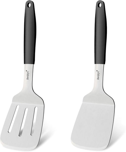 Stainless Steel Spatula Set, 2 Pcs Small Metal Spatula for Cast Iron Skillet, Solid and Slotted Turner Spatulas for Kitchen Use with Silicone Handle, Cooking Utensils for Eggs, Burger, Steak