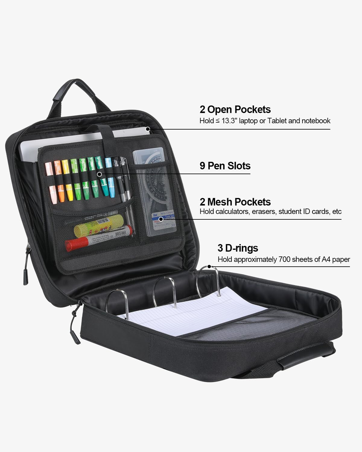 3 Inch 3 Ring Zipper Binder with Shoulder Strap & Handle & Multi-Pocket - 3" Binder with Zipper for School, Compatible with 13-Inch Macbook/Tablet -Patent Design Black
