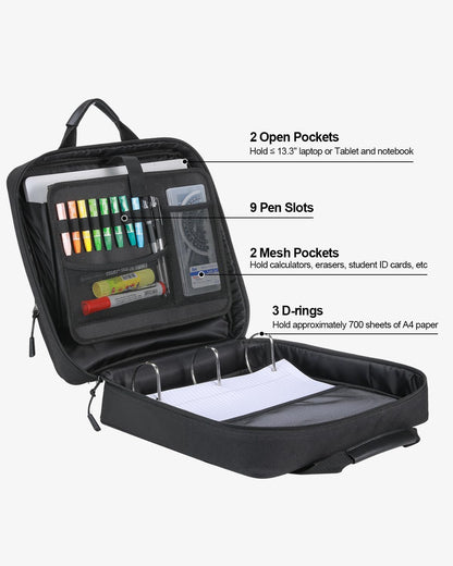 3 Inch 3 Ring Zipper Binder with Shoulder Strap & Handle & Multi-Pocket - 3" Binder with Zipper for School, Compatible with 13-Inch Macbook/Tablet -Patent Design Black