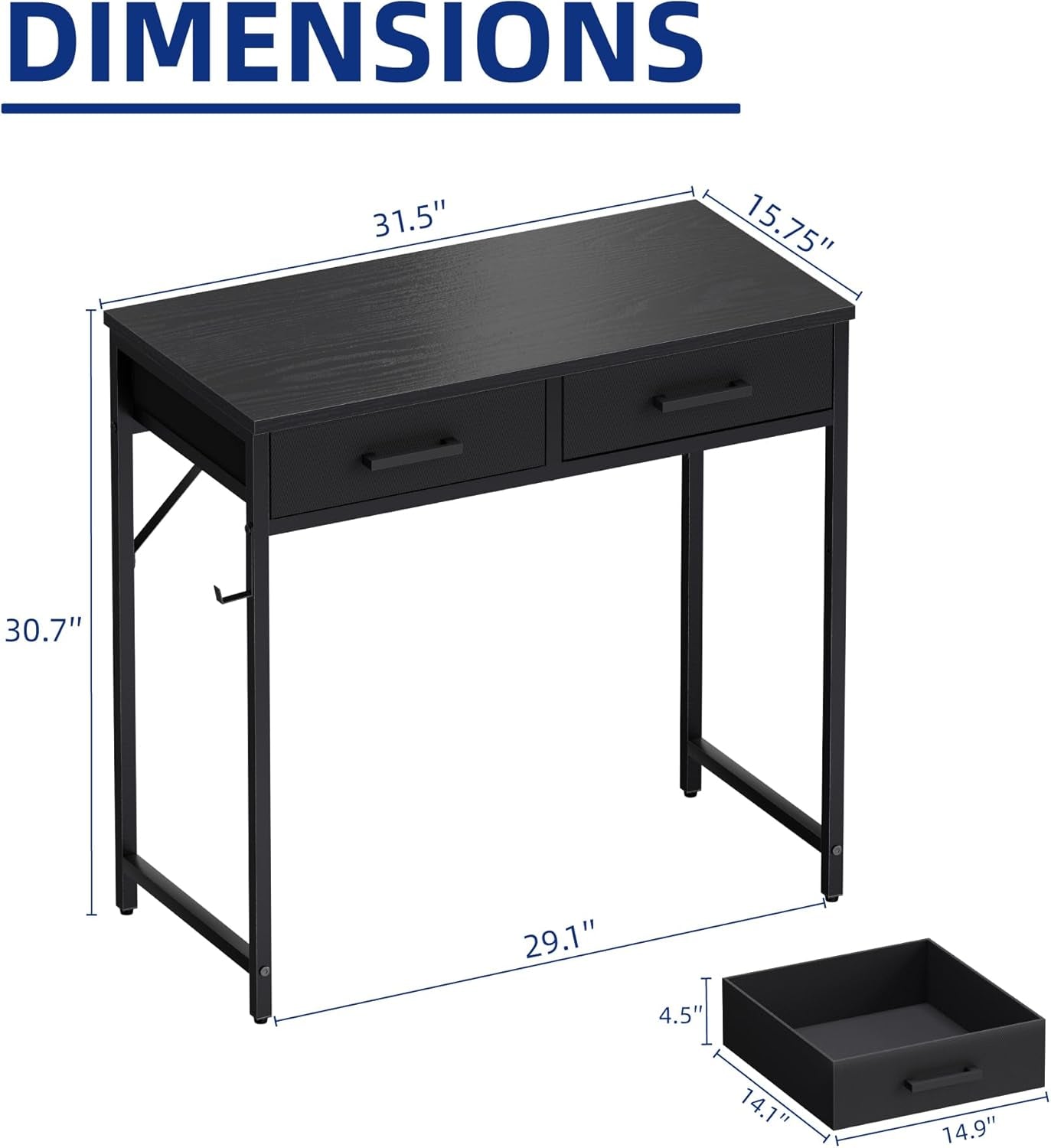 32 Inch Small Computer Desk with 2 Drawers for Bedroom Study Writing Home Office Table for Small Spaces Black
