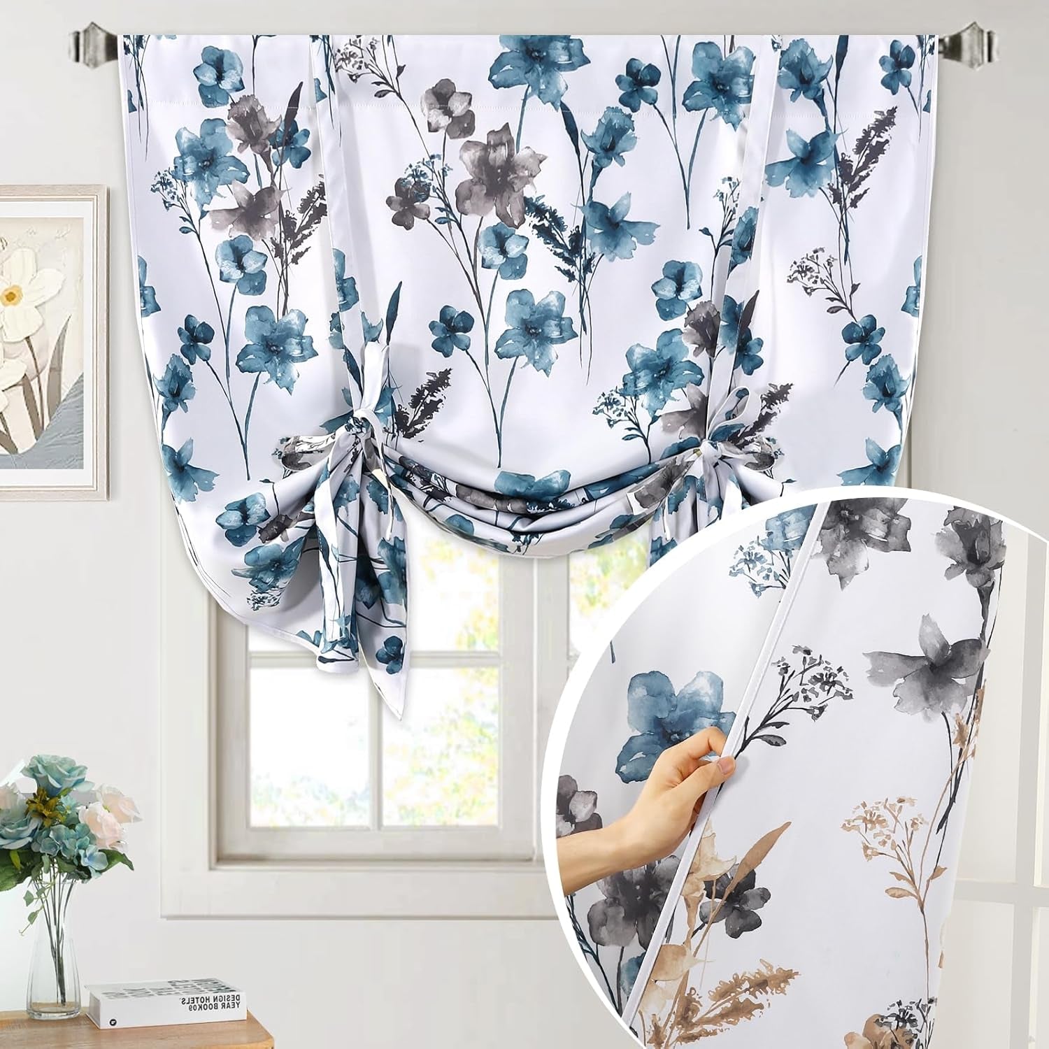 Reversible Tie up Curtains Cattleya Floral Printed Rod Pocket Panel for Small Window - Reversible in Blue/Taupe - 42" Wide by 45" Long