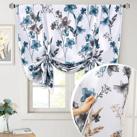 Reversible Tie up Curtains Cattleya Floral Printed Rod Pocket Panel for Small Window - Reversible in Blue/Taupe - 42" Wide by 45" Long