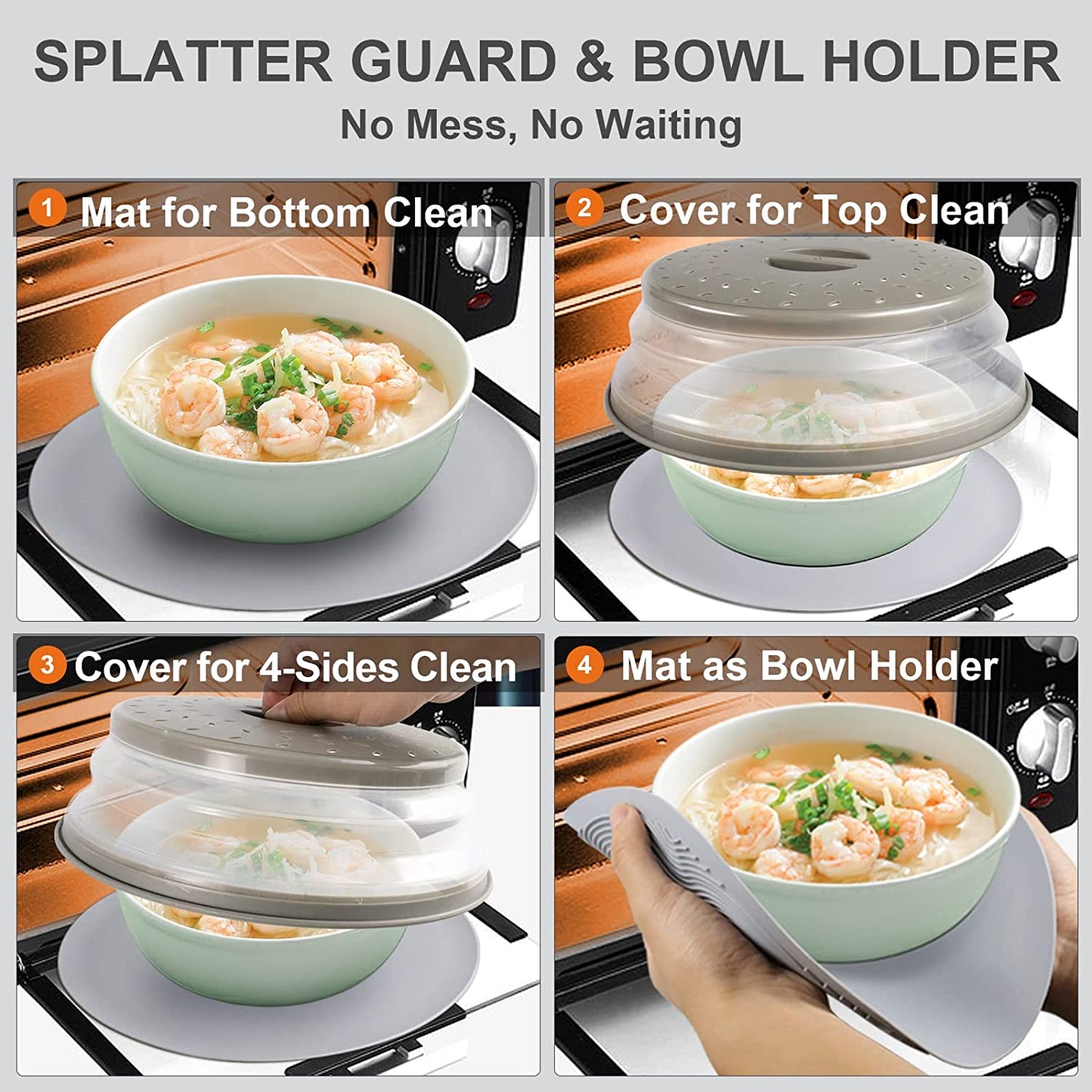 Pack 2,  Microwave Mat & Food Cover- 12" Mat as Bowl Holder, Cover for Splatter Guard, Multi-Use: Silicone Trivet, Pot Holders, Drying, Baking, Placemat, Utensils Rest for Kitchen Counter, Grey