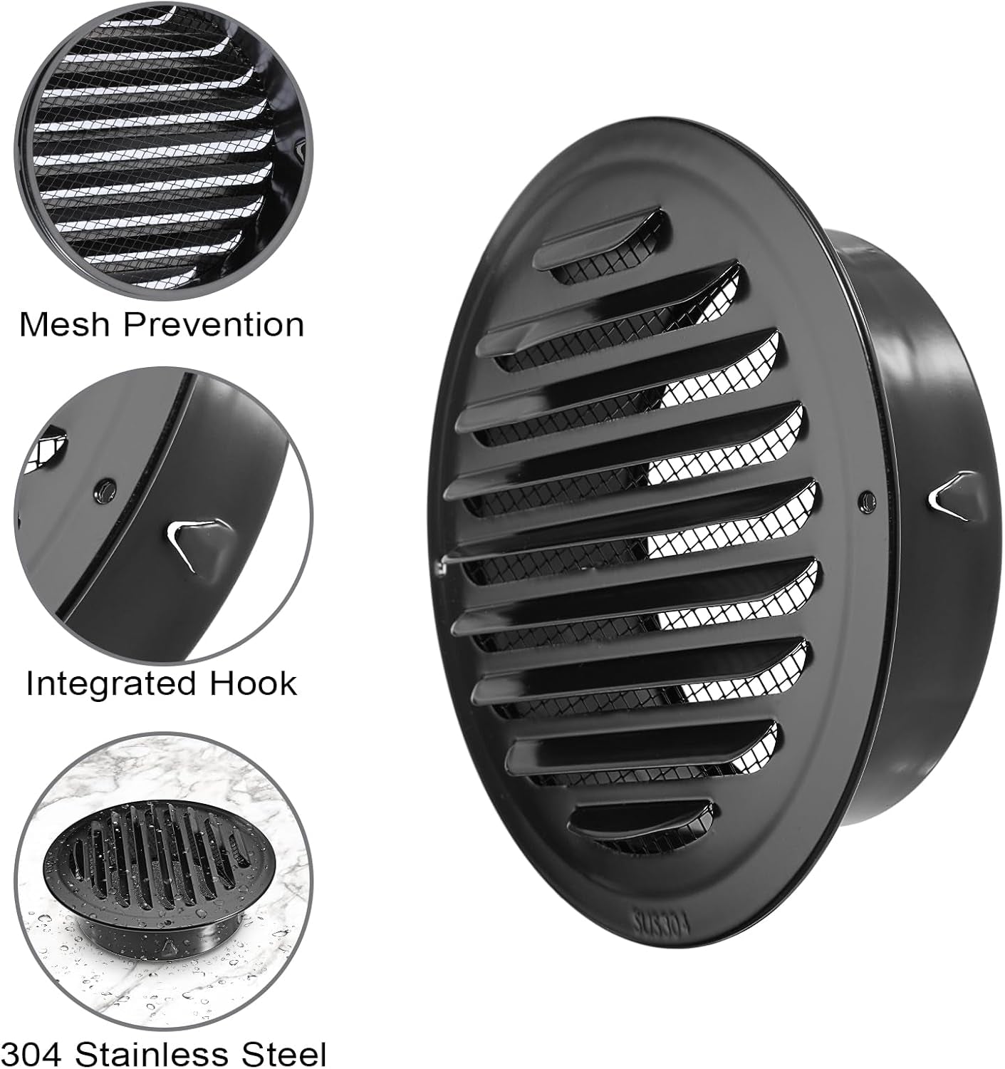 6-Inch Round Black Stainless Steel Air Vent Cover with Built-In Fine Mesh for Kitchen, Bathroom, Garage, Office, and Warehouse Ventilation
