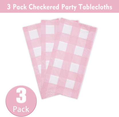 3 Packs Pink Gingham Tablecloth Pink and White Checkered Tablecloths 54 X 108 Inches Disposable Plastic Gingham Tablecovers Waterproof Rectangle Picnic Table Covers for Birthday Party Supplies