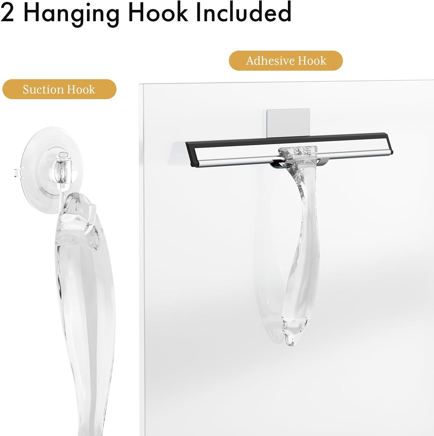Shower Squeegee for Glass Doors, All-Purpose Squeegee with Suction Hook & Adhesive Hook, Clear Squeegee for Shower Glass, Windows, Mirrors, Tiles and Car Windows - 10 Inches, Clear