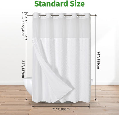 No Hook Tufted Chevron Striped Shower Curtain with Snap-In Fabric Liner Set-71Wx74H,Hotel Grade,Boho Style Waterproof Shower Curtain with See through Top Window,White