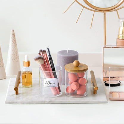 2 Pack Qtip Holder Dispenser with Bamboo Lids - 10 Oz Clear Plastic Apothecary Jar Containers for Vanity Makeup Organizer Storage - Bathroom Accessories Set for Cotton Swab, Ball, Pads, Floss