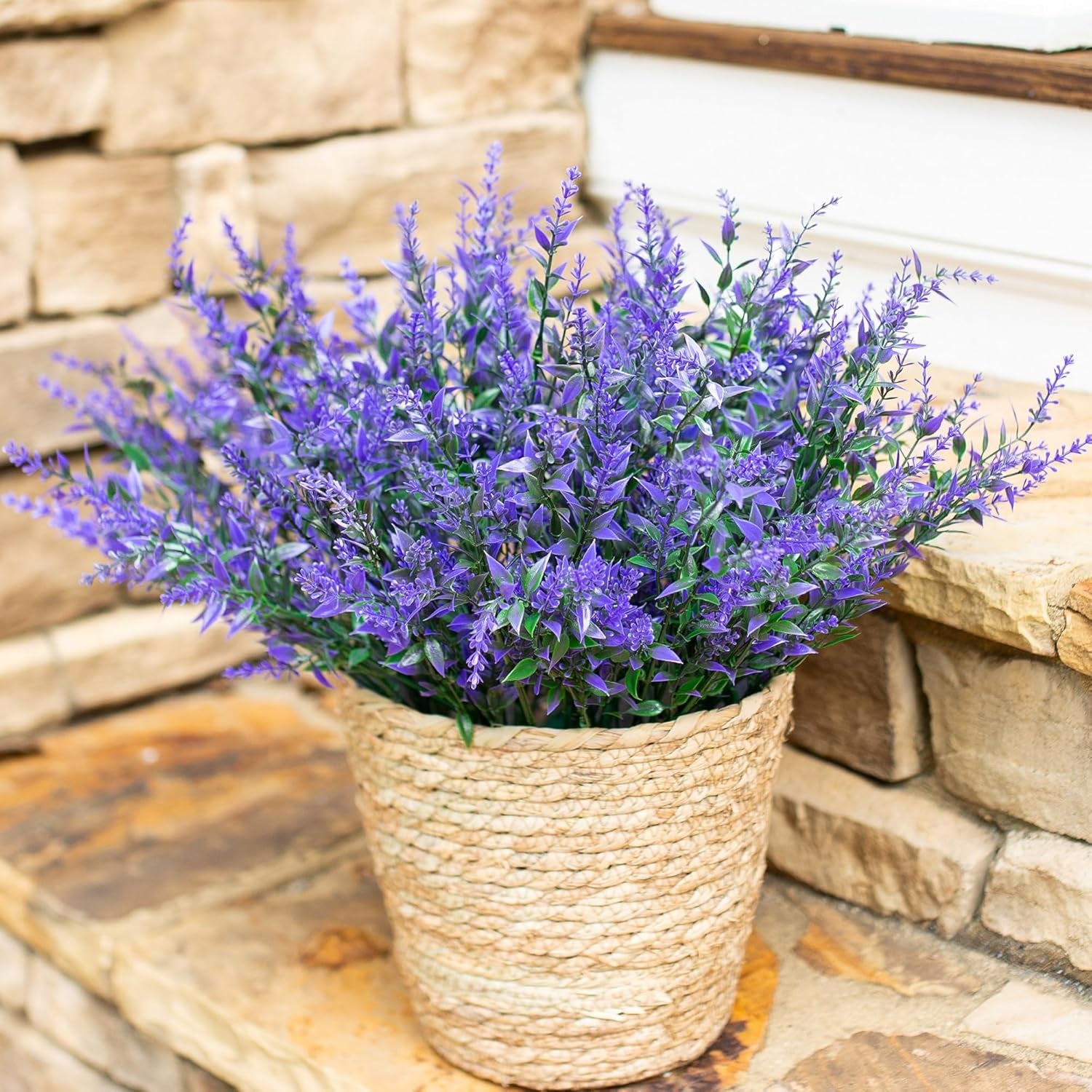 Artificial Plants Outdoor Flowers Spring Decoration, 10 Bundles Fake Plastic Greenery UV Resistant Realistic Faux Lavender Look Real for Home Porch Planter Window Patio (Purple)