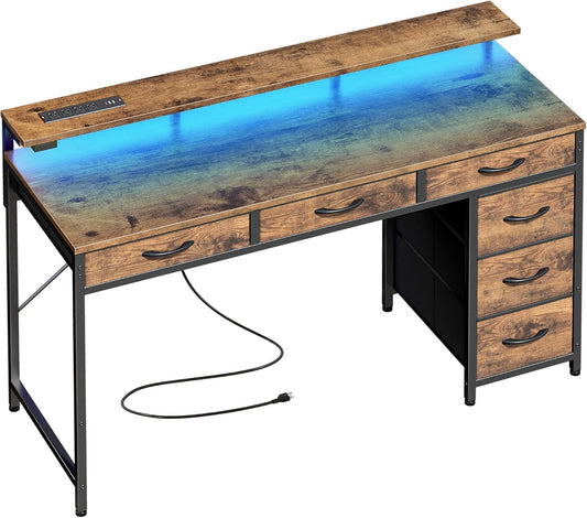 47-Inch Gaming Desk with 6 Drawers, LED Lights, Power Outlets, and Type-C Charging, Rustic Brown Office Desk with Storage and Monitor Stand for Home Office and Study