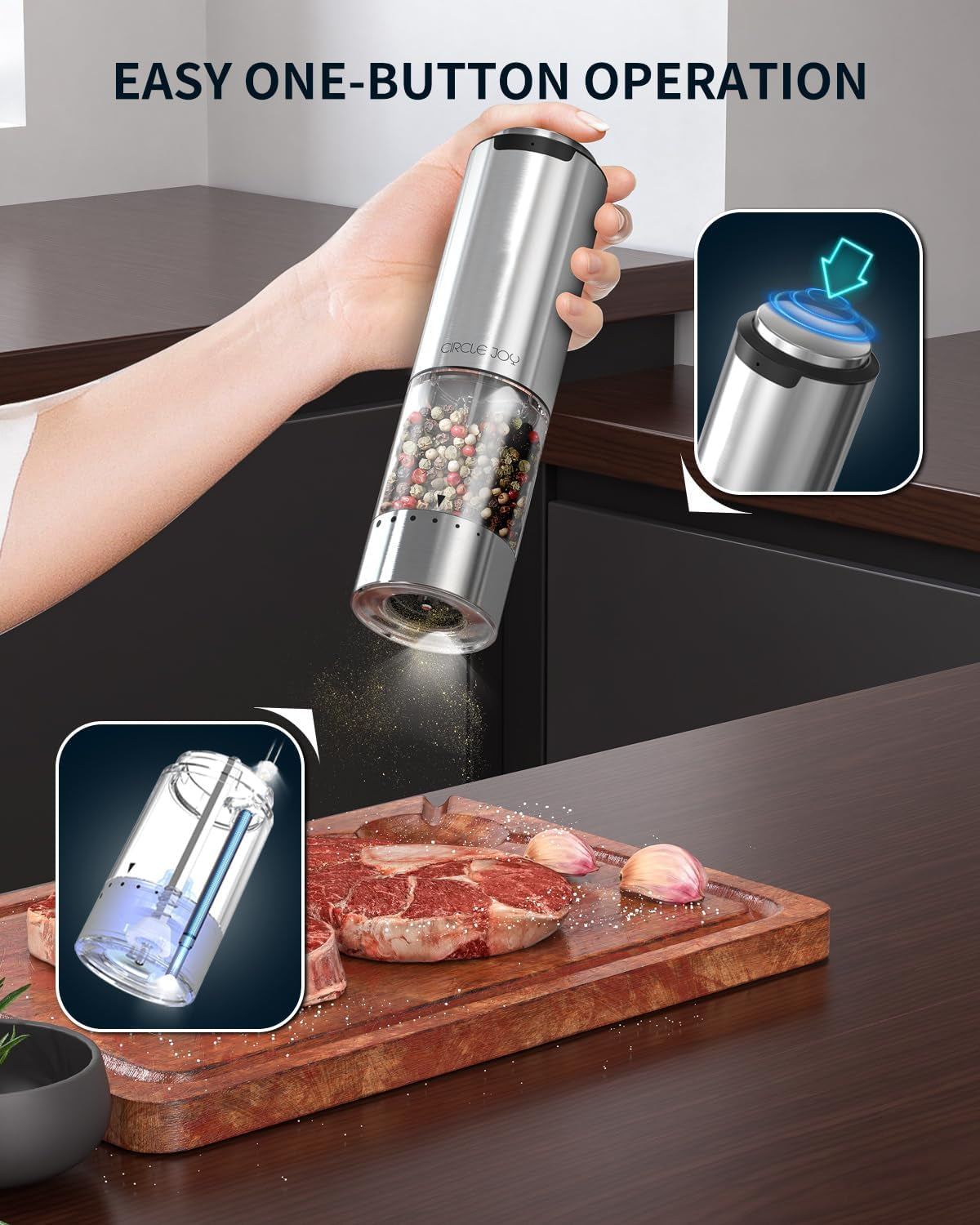 Electric Pepper Grinder Stainless Steel Rechargeable Pepper Mill with External Adjustable Coarseness, 95Ml Container and White LED Light, Silver