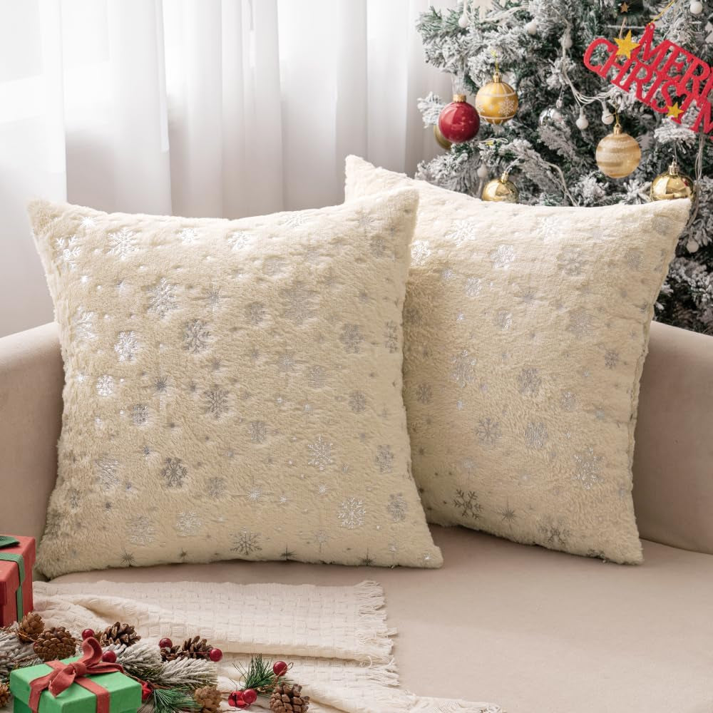 Set of 2 Christmas Decorative Throw Pillow Covers Soft Faux Fur Winter Pillow Covers with Silver Snowflake Glitter Holiday Festival Pillowcases for Couch Sofa Bed, 18×18Inch, Beige